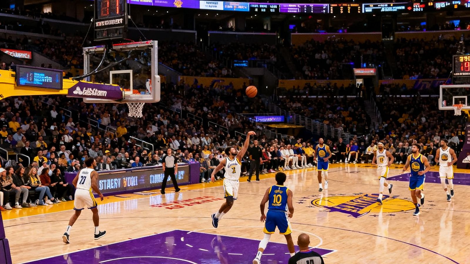 NBA常规赛洛杉矶湖人主场对阵金州勇士的高清直播画面，斯台普斯中心灯光璀璨